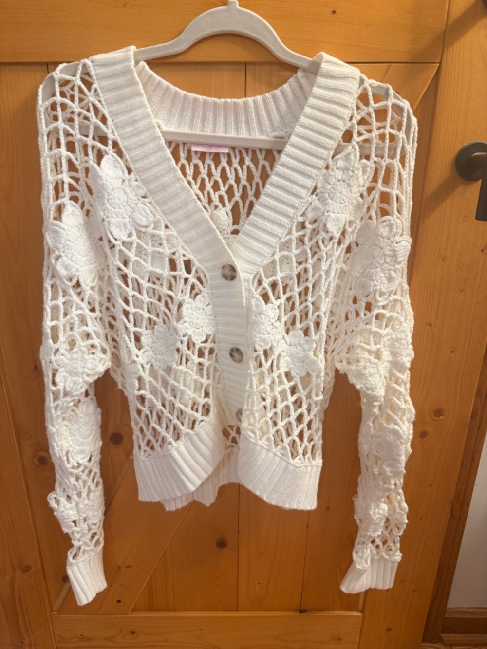 Pink Lily White Crochet Floral Openwork Cardigan